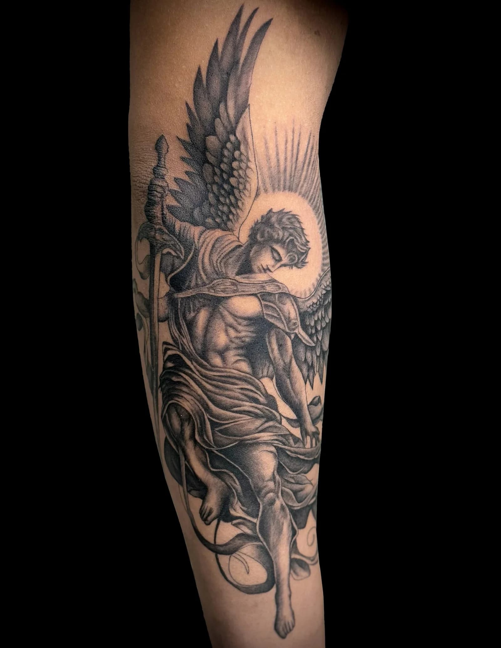 Archangel Michael with sword — black & gray realism