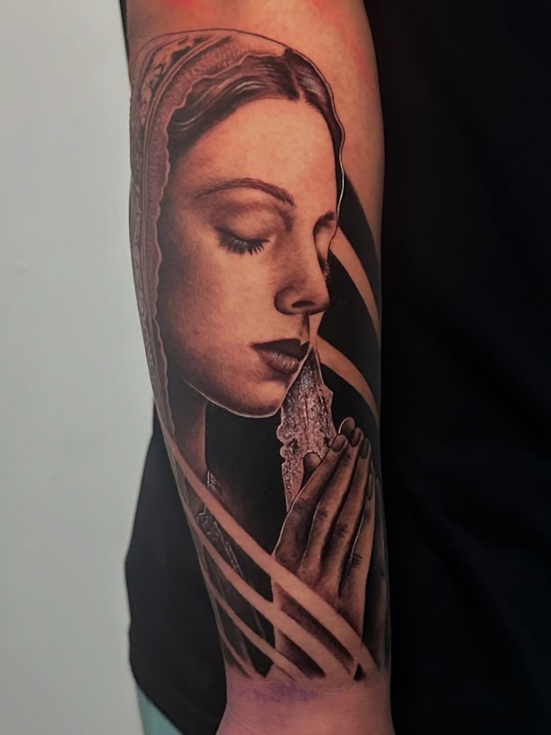Virgin of Guadalupe with detailed veil — black & gray realism