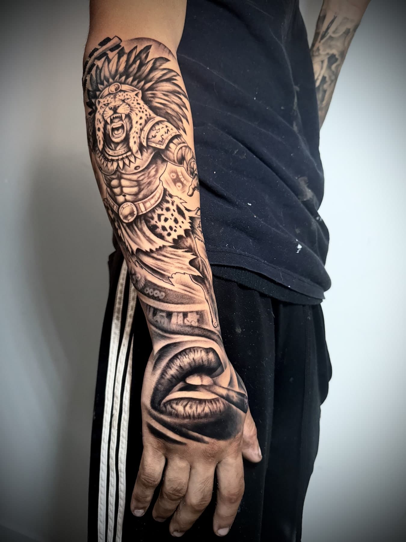Aztec warrior with jaguar helmet — full sleeve