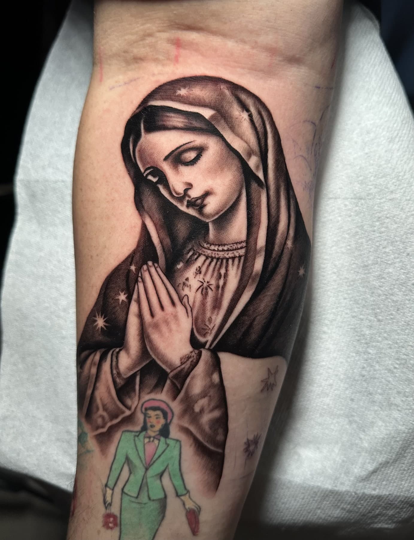 Virgin Mary praying — black & gray realism